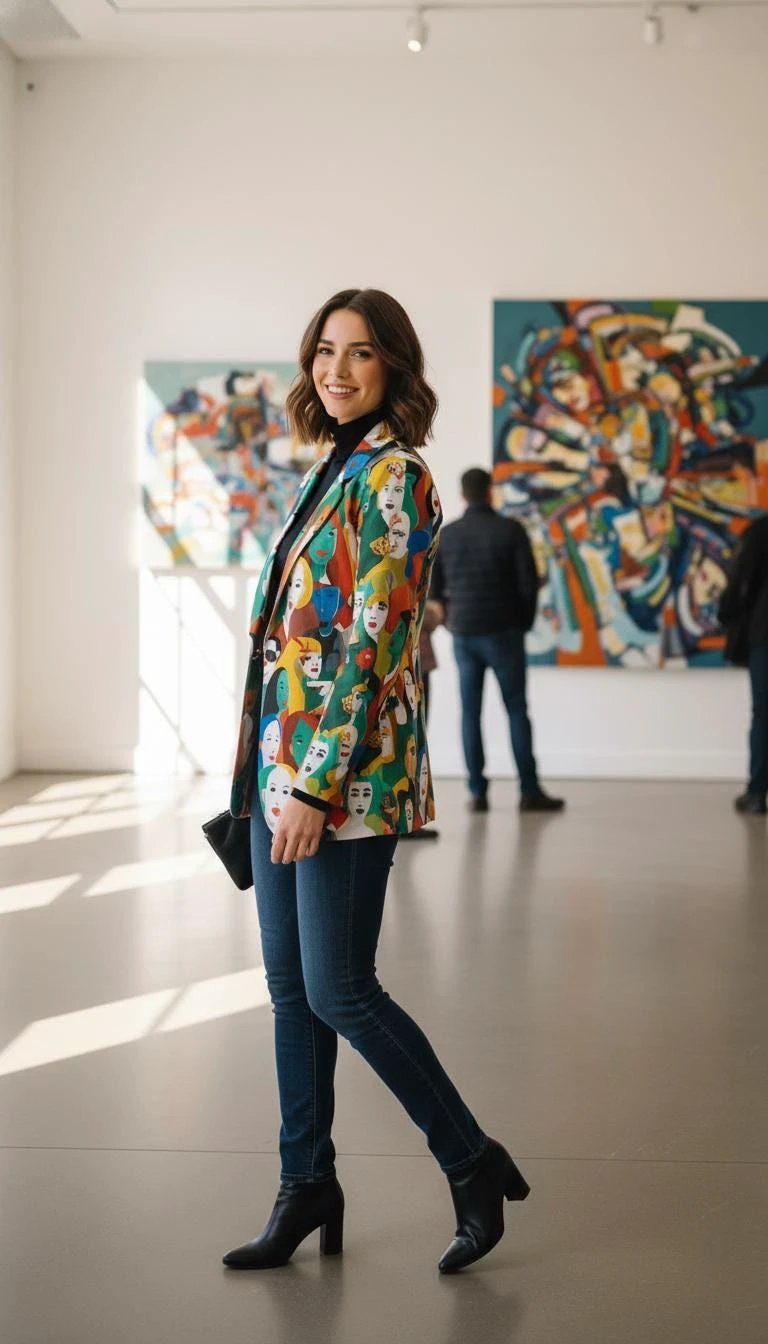Urban Crowd Faces Designer Blazer - Bold All-Over Print Cotton Suit Jacket for Creatives by Aesthetic Rebellion