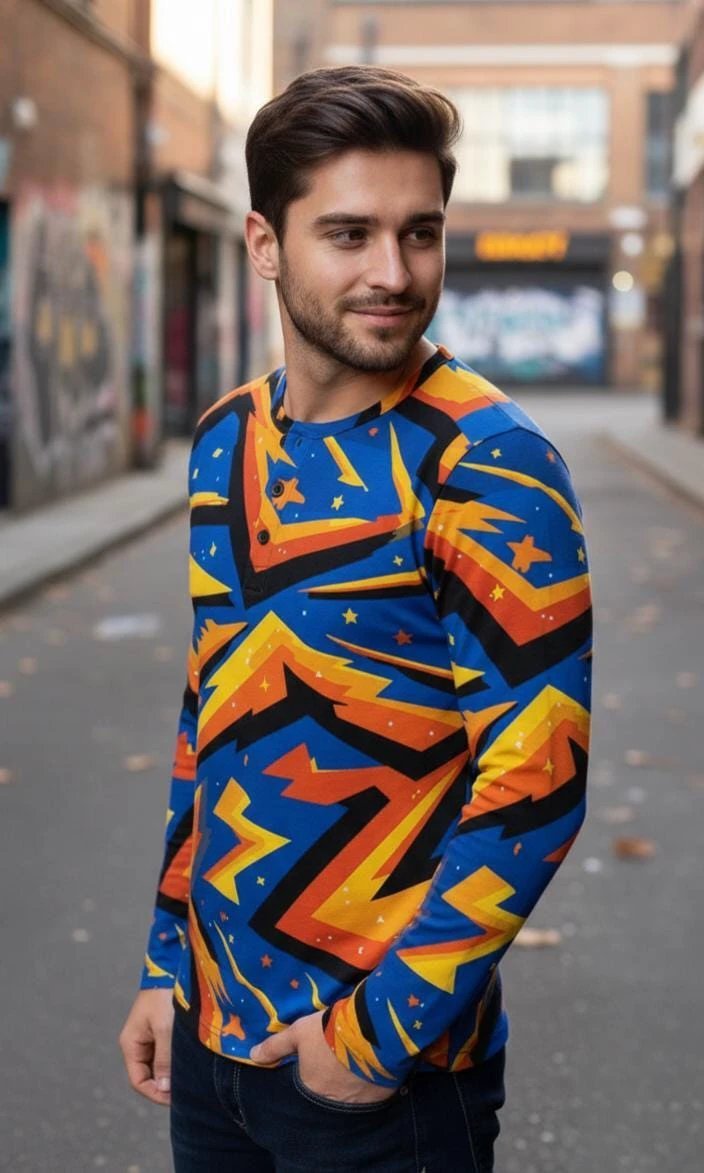 Men's Lightning Henley Shirt – Maximalist Cyberpunk Streetwear by Aesthetic Rebellion