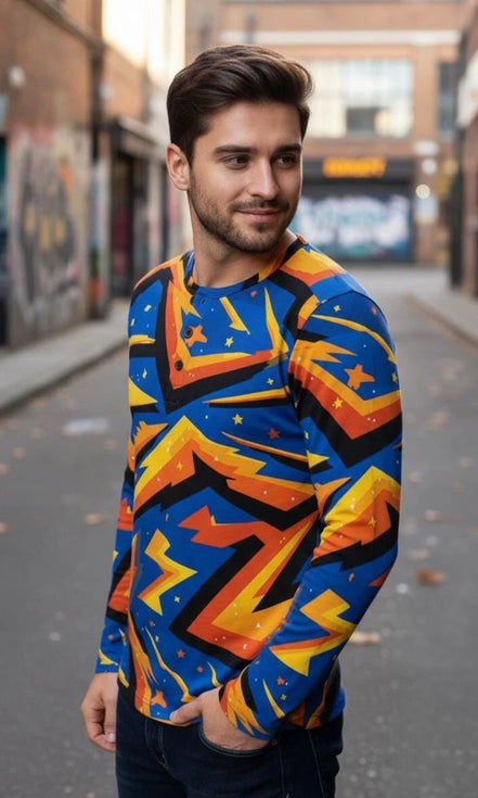 Men's Lightning Henley Shirt – Maximalist Cyberpunk Streetwear by Aesthetic Rebellion