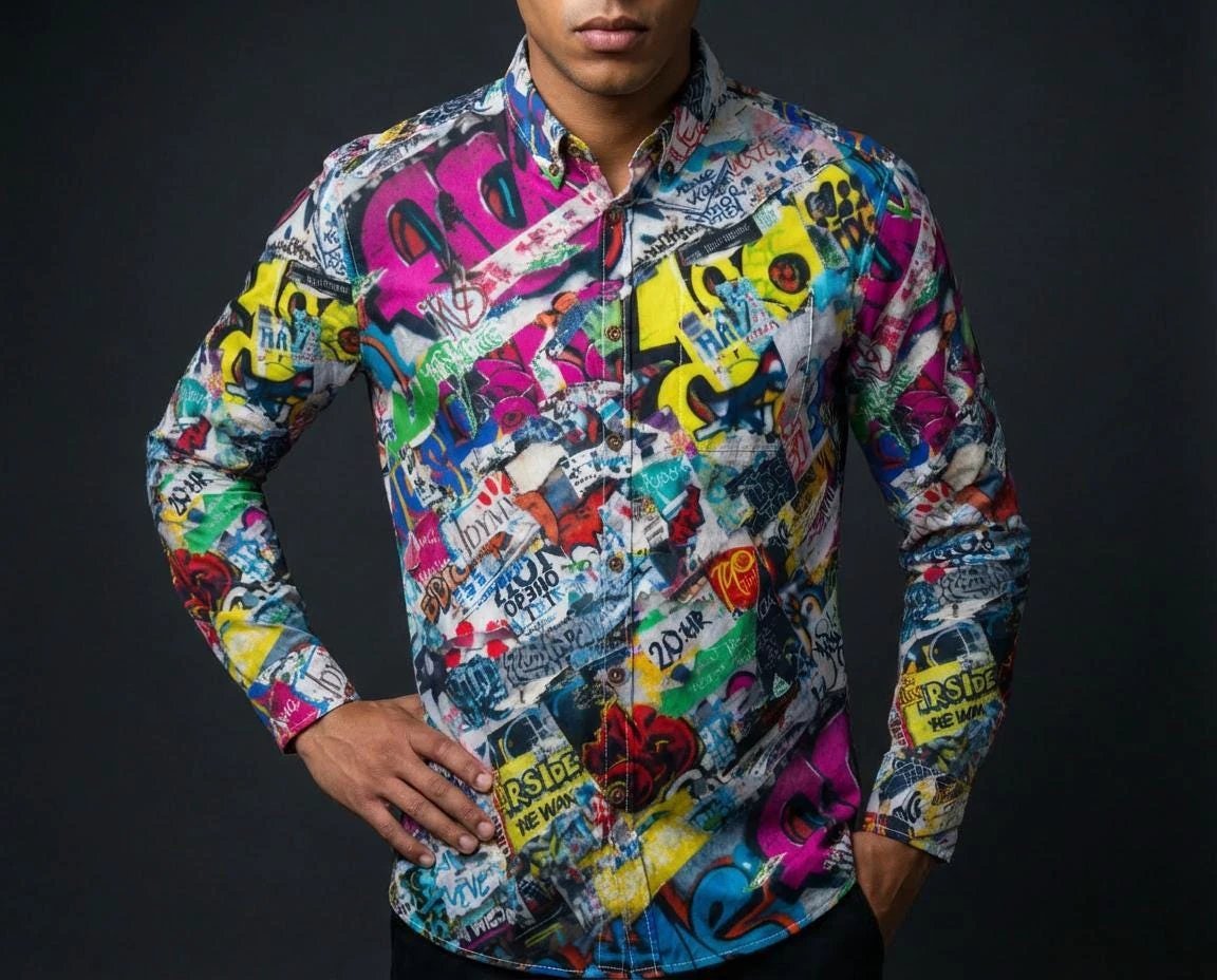 Graffiti Print Cotton Poplin Shirt - Antibacterial Designer Workwear for Creative Directors & Urban Stylists by Aesthetic Rebellion