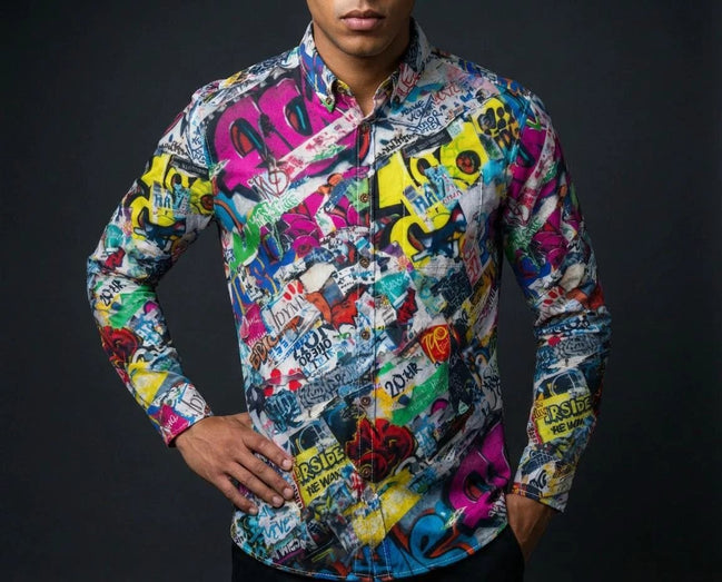 Graffiti Print Cotton Poplin Shirt - Antibacterial Designer Workwear for Creative Directors & Urban Stylists by Aesthetic Rebellion