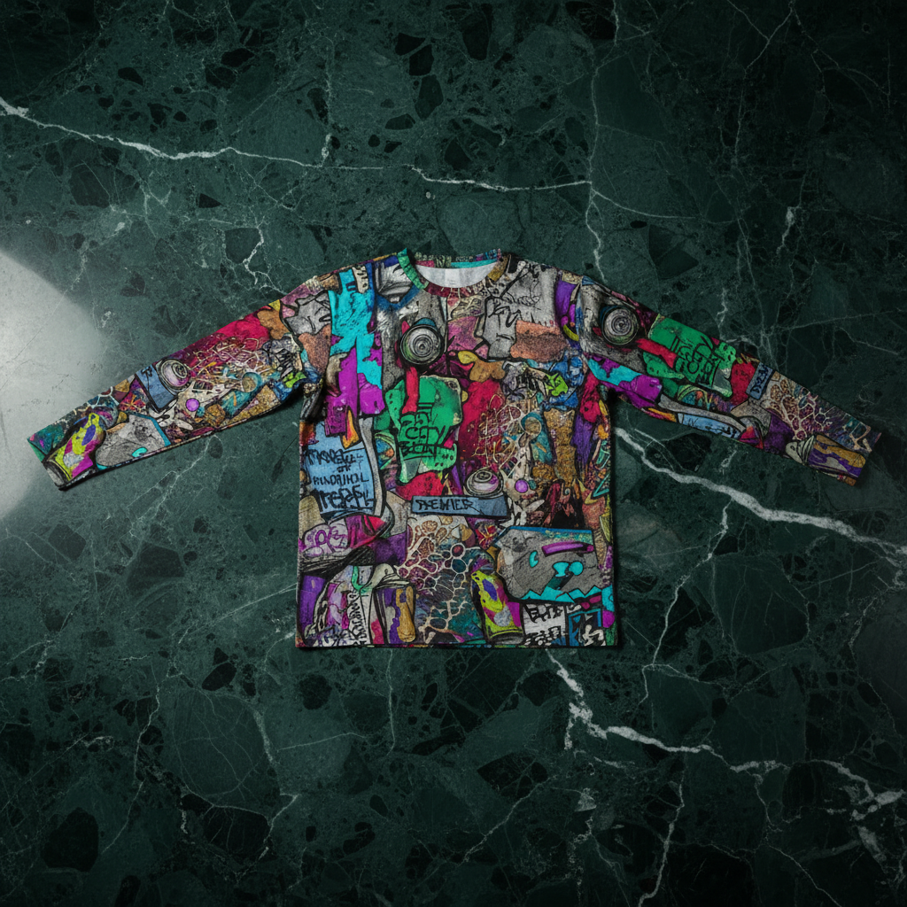 Aerosol Alchemists Long Sleeve for Urban Graffiti Heads — Neon Spray Can Creature AOP, 190g Heavyweight Cotton Streetwear, Festival Art Tee, Psychedelic Graffiti Statement, Unisex
