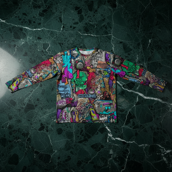 Aerosol Alchemists Long Sleeve for Urban Graffiti Heads — Neon Spray Can Creature AOP, 190g Heavyweight Cotton Streetwear, Festival Art Tee, Psychedelic Graffiti Statement, Unisex