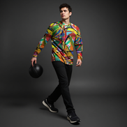 Boundless Bleeds Paint Splatter Tee for Gallery Night Dressers — Dyles Mavis Original, Cadmium Red Cobalt Yellow AOP Long Sleeve, 190gsm Cotton Wearable Expressionism, Unisex XS–5XL