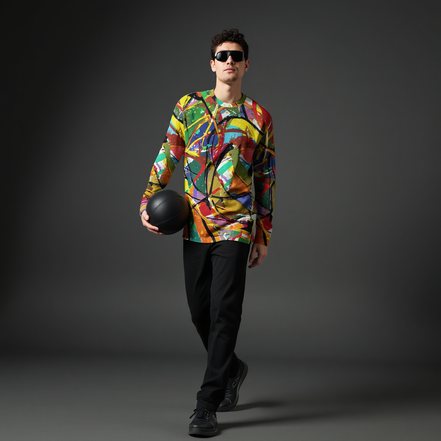 Boundless Bleeds Paint Splatter Tee for Gallery Night Dressers — Dyles Mavis Original, Cadmium Red Cobalt Yellow AOP Long Sleeve, 190gsm Cotton Wearable Expressionism, Unisex XS–5XL
