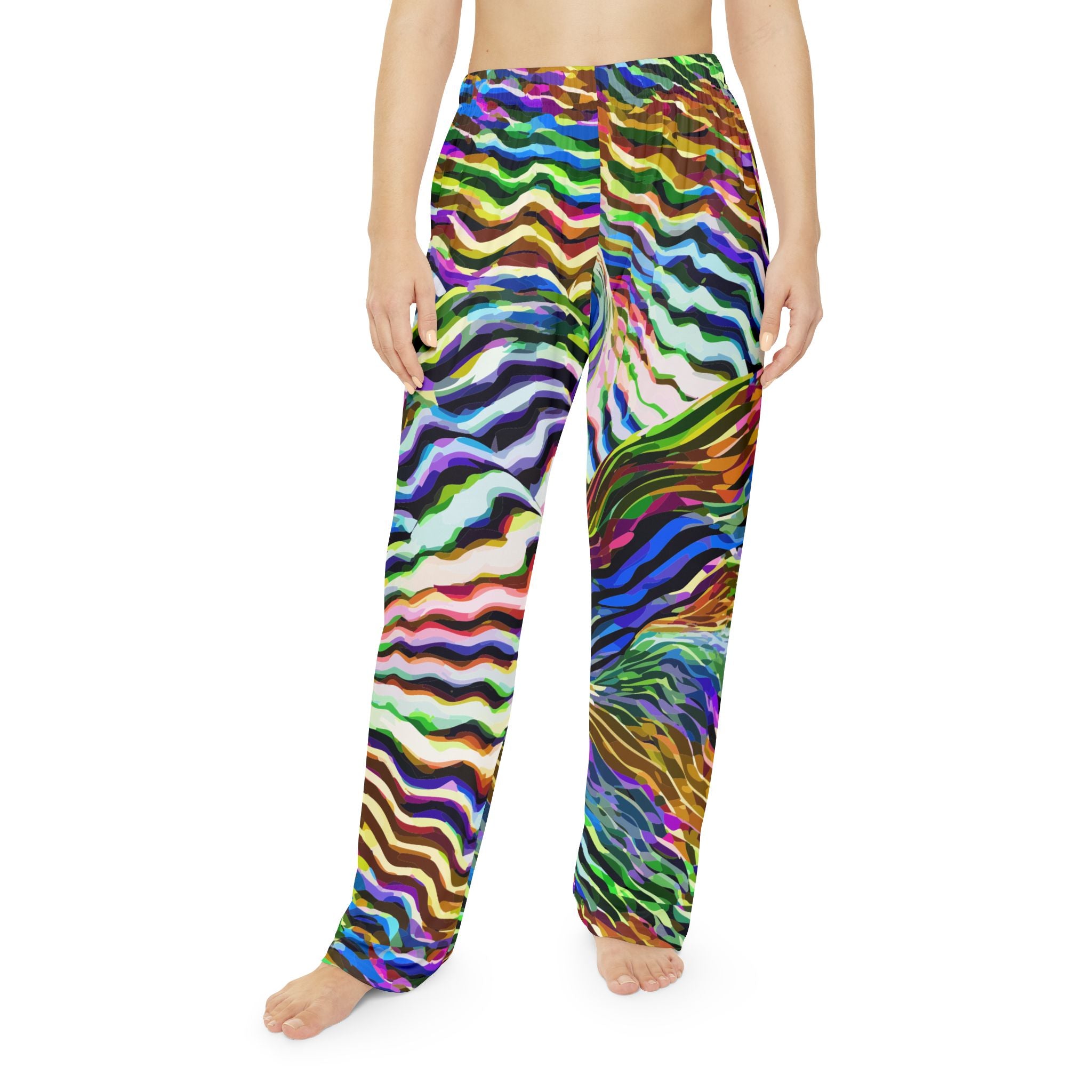 Wavy Stripe Pajama Pants for Vibrant Sleepwear Collectors — Jewel-Tone AOP Brushed Polyester, Elastic Waist Cozy Lounge, Women's Assembled in USA, Bold Lazy Day Bottoms