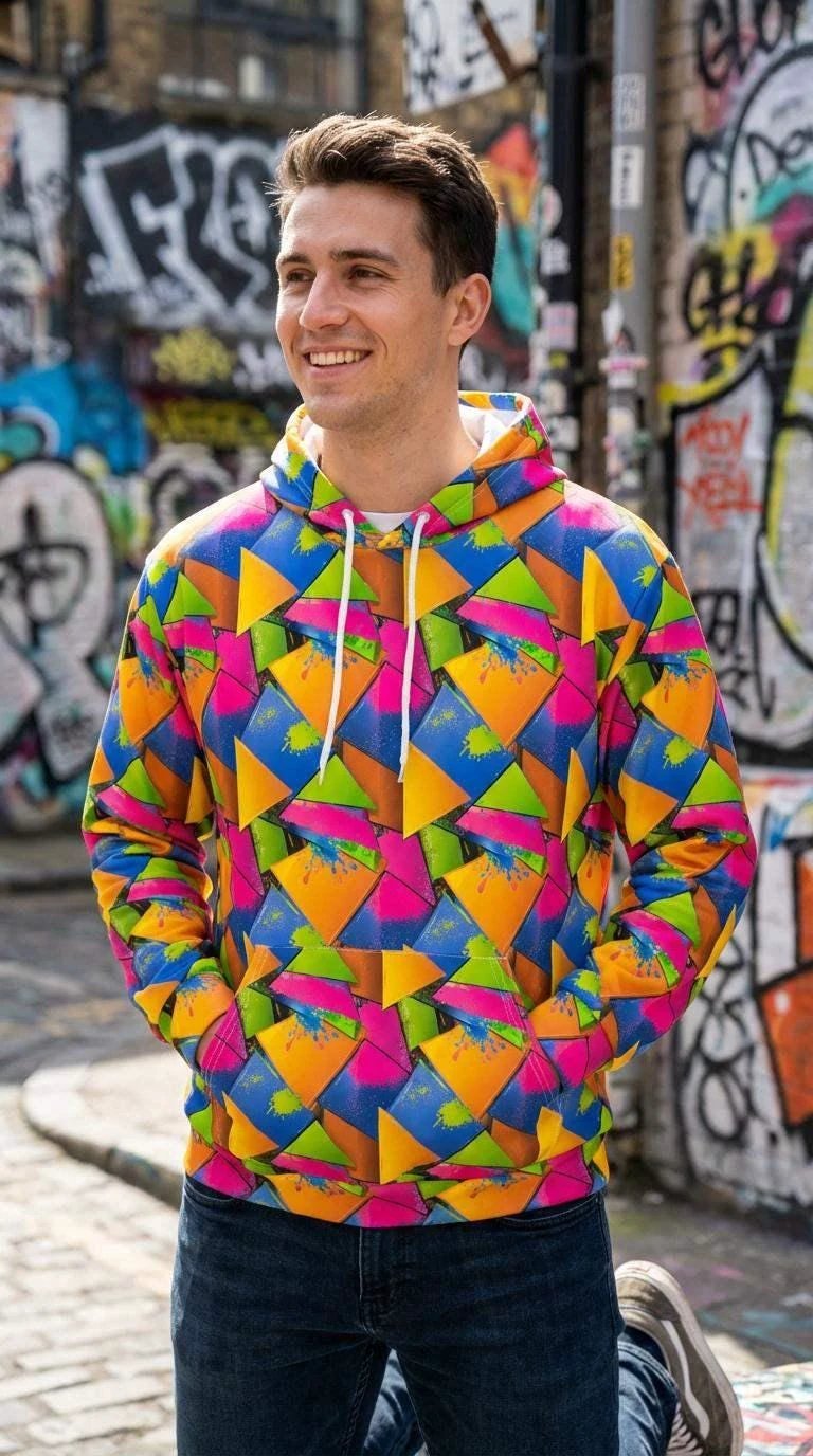 Vibrant Geometric Triangle Print Hoodie - Bold Maximalist Streetwear Pullover for Rave Style by Aesthetic Rebellion