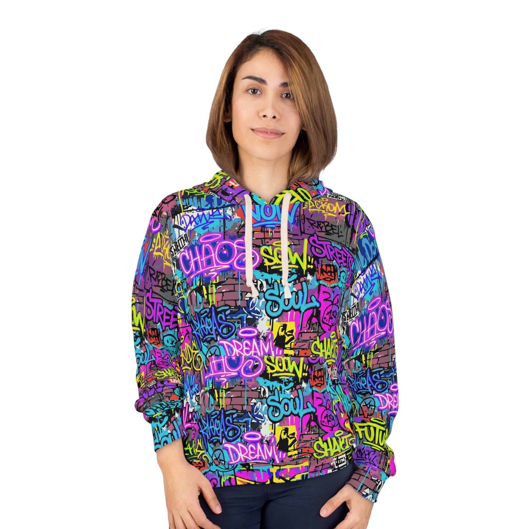 Men's All-Over Graffiti AOP Pullover Hoodie for Street Art Collectors — Bold Medium-Weight Comfort Fit, Assembled in USA, Festival Statement Sweatshirt
