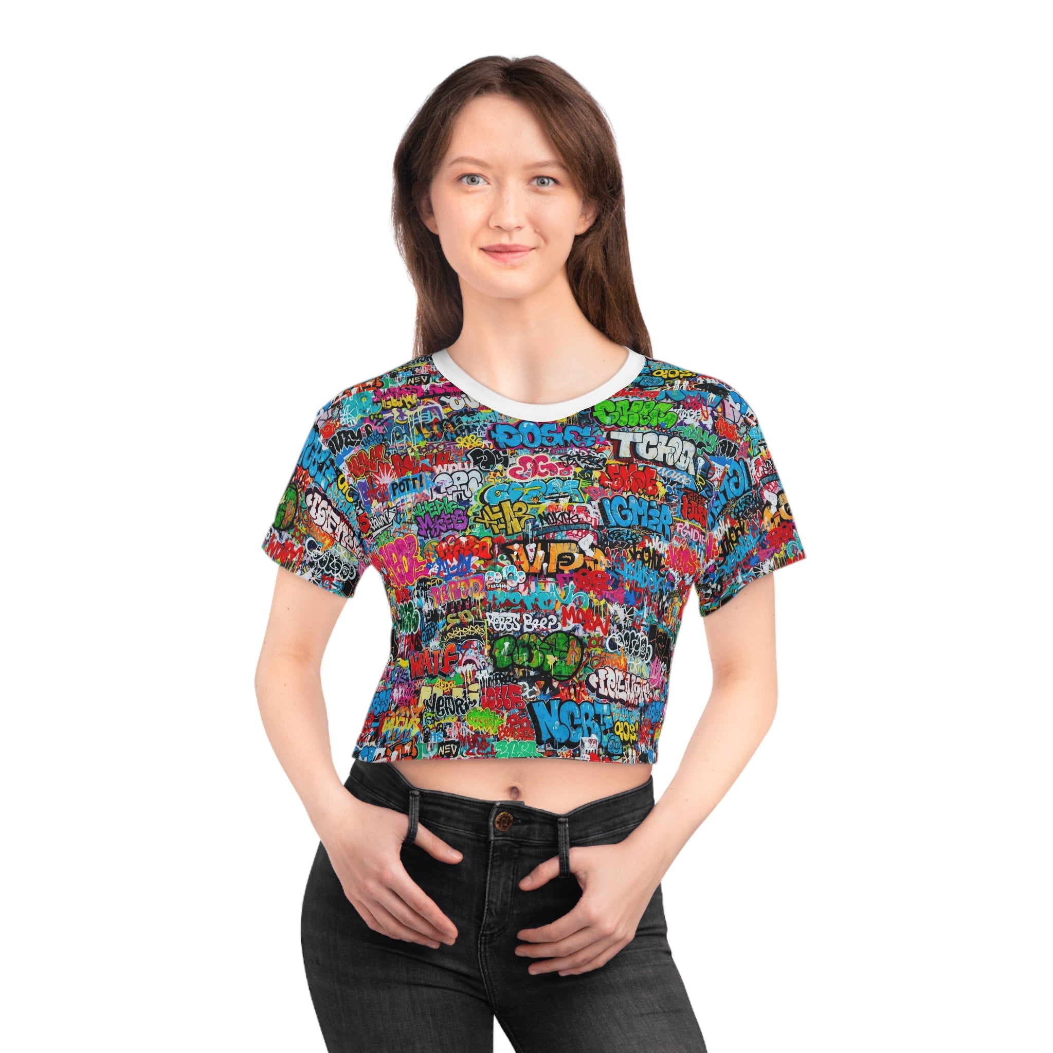 Graffiti Print Crop Tee for Colorful Urban Street Art Dressers — Bold AOP Hip-Hop Crop Top, Festival Party Summer Statement, Skater Youth Fashion Streetwear