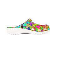 Colorful Mosaic EVA Clog Shoes for Playful Maximalists — Bold Tile-Print Foam Footwear, Anti-Slip Cushioned Sole, Festival Garden Errand Statement Clogs, Black or White Base