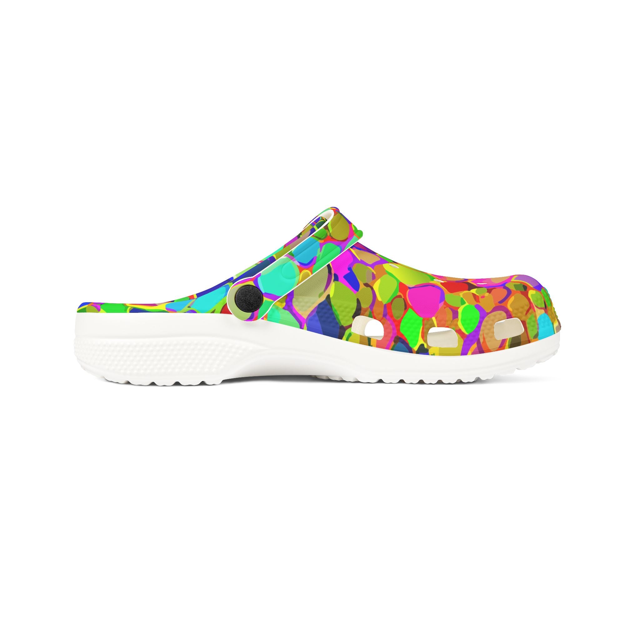Colorful Mosaic EVA Clog Shoes for Playful Maximalists — Bold Tile-Print Foam Footwear, Anti-Slip Cushioned Sole, Festival Garden Errand Statement Clogs, Black or White Base