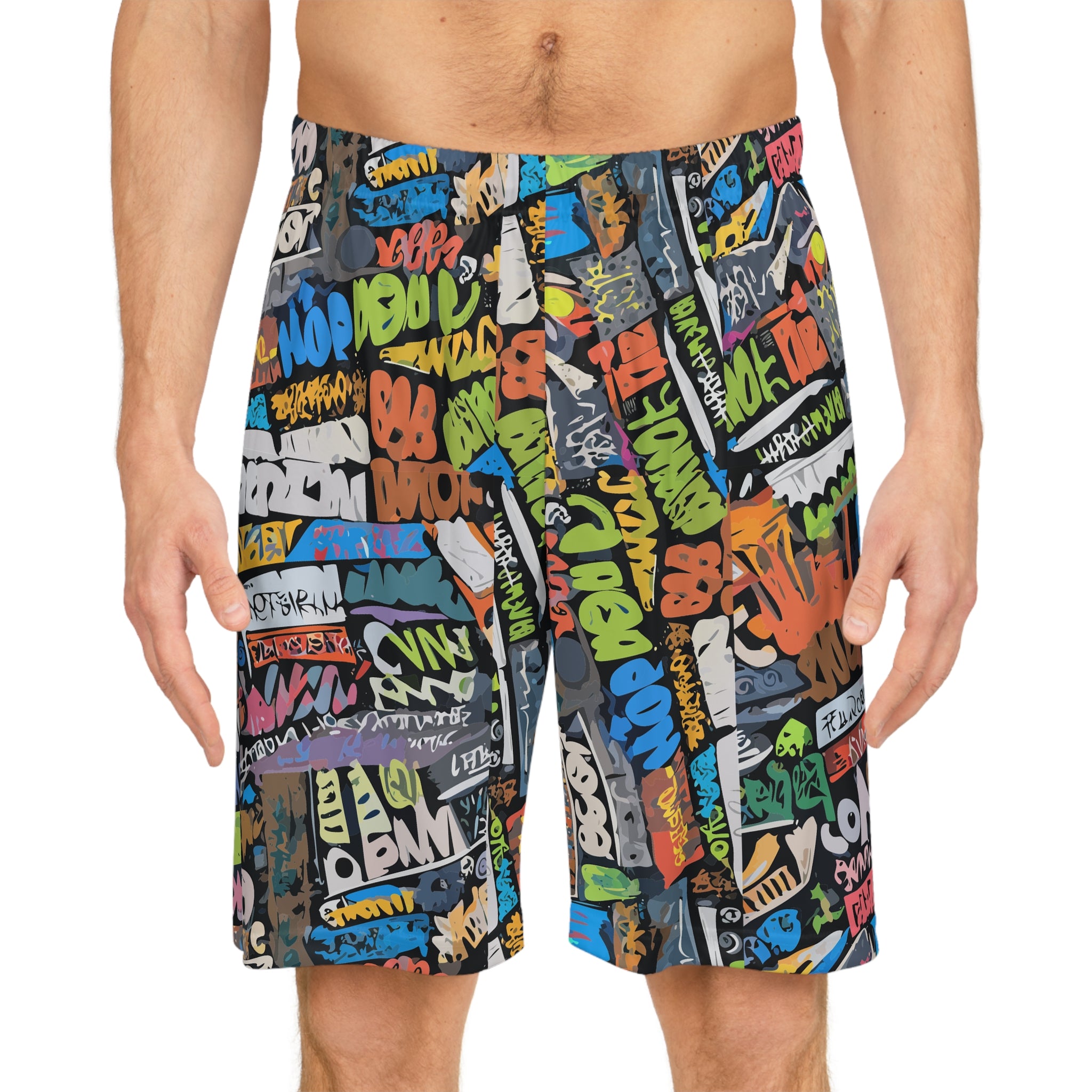 Graffiti Basketball Shorts for Hoop Culture Heads — Concrete Chaos AOP Streetwear, Festival Gym Wear, Loud Athletic Bottoms, Skater Shorts, Bold Print Activewear
