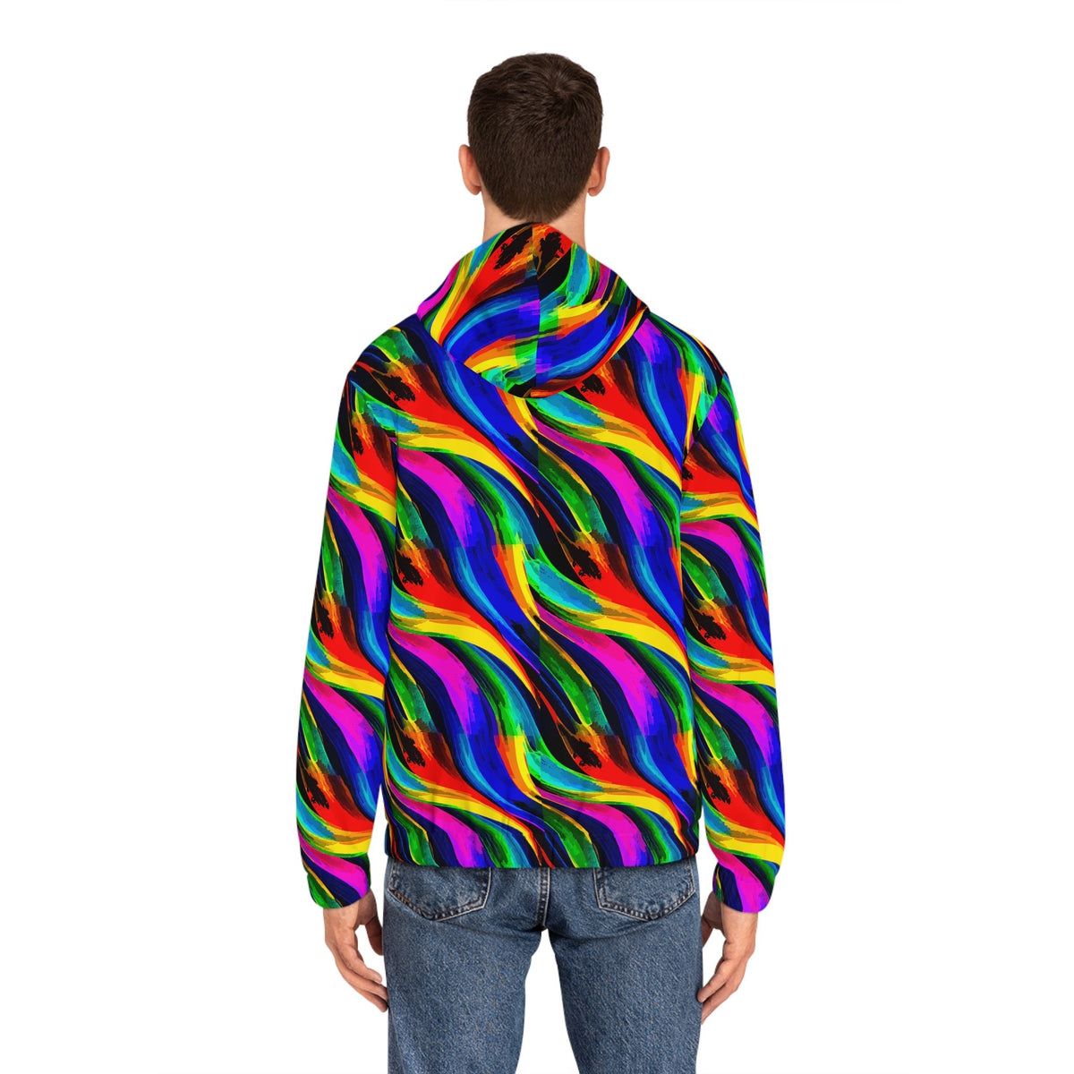 Vibrant Abstract AOP Full-Zip Hoodie – Gold Zipper, Black & White | Aesthetic Rebellion