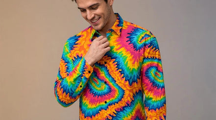 Psychedelic Rainbow Spiral Tie-Dye Shirt, Groovy Vibrant Button-Down - Aesthetic Rebellion