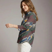 Modern Abstract Geometric Brushstroke Button-Up Blouse in Earthy Jewel Tones - Aesthetic Rebellion
