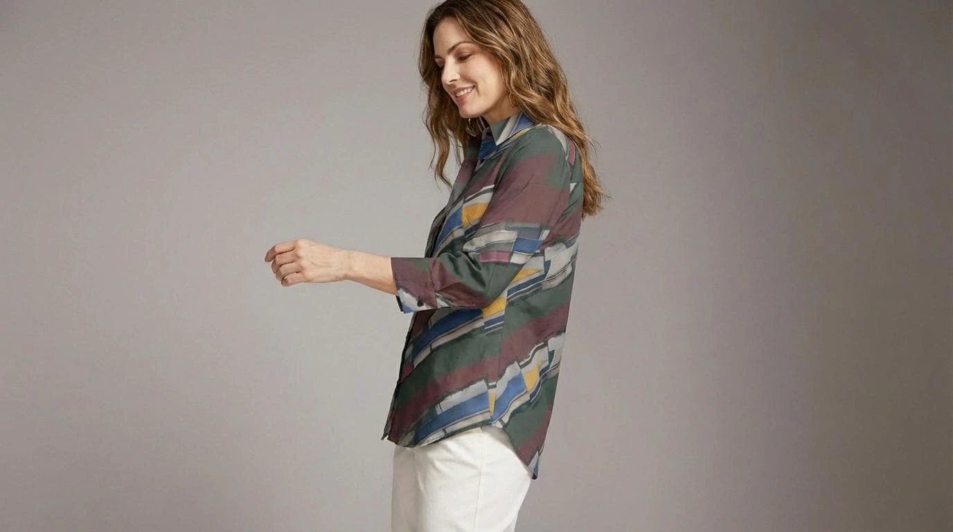 Modern Abstract Geometric Brushstroke Button-Up Blouse in Earthy Jewel Tones - Aesthetic Rebellion