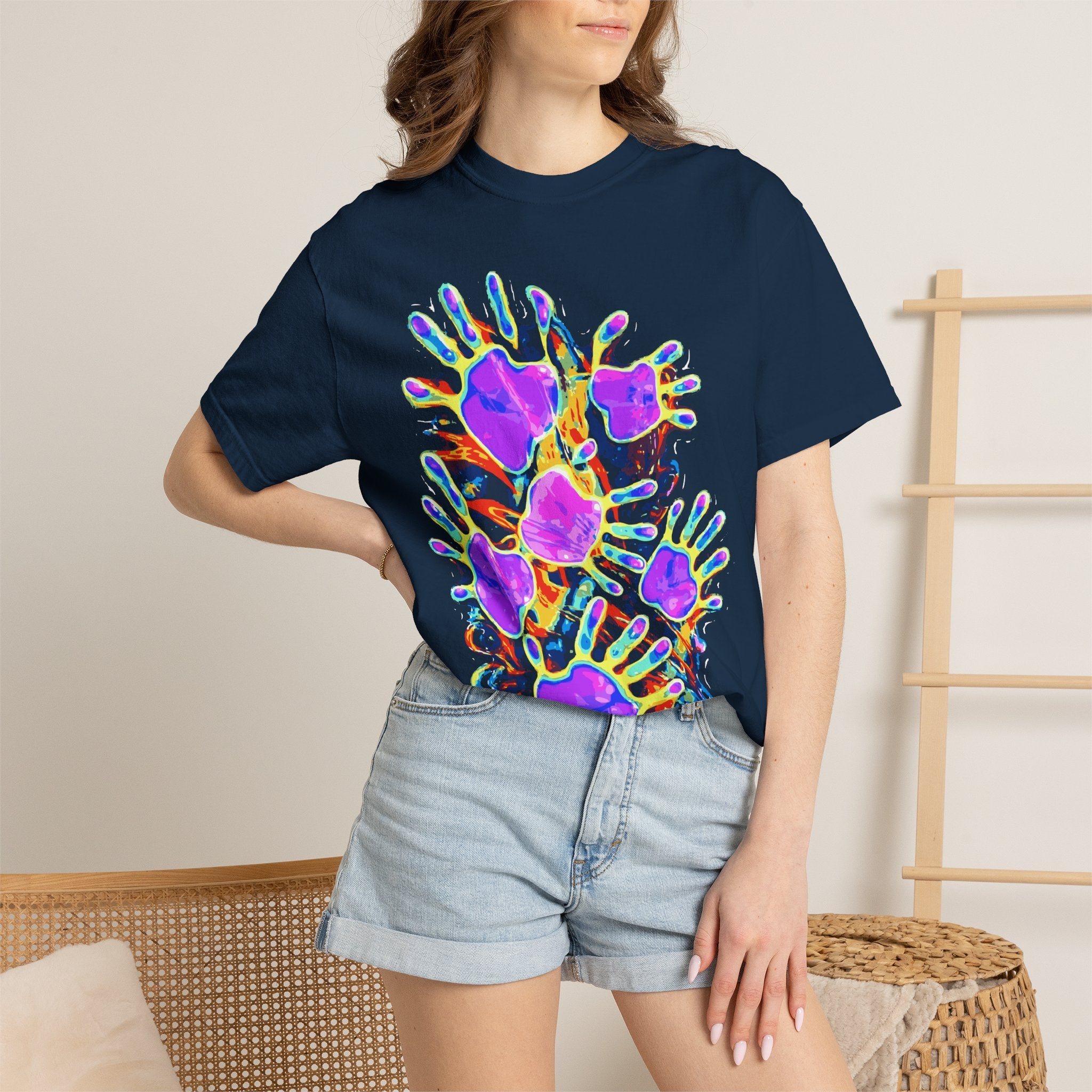 Dyles Mavis Handprint Psychedelic Neon T-Shirt for Bold Streetwear Collectors — Premium Heavyweight Cotton Original Art, Oversized Statement Tee, Unisex