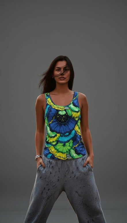 Botanical Abstract Floral Tank Top - Blue & Green Sleeveless AOP Shirt for Nature Lovers by Aesthetic Rebellion