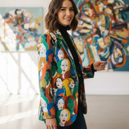 Urban Crowd Faces Designer Blazer - Bold All-Over Print Cotton Suit Jacket for Creatives by Aesthetic Rebellion