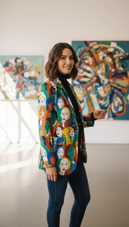 Urban Crowd Faces Designer Blazer - Bold All-Over Print Cotton Suit Jacket for Creatives by Aesthetic Rebellion