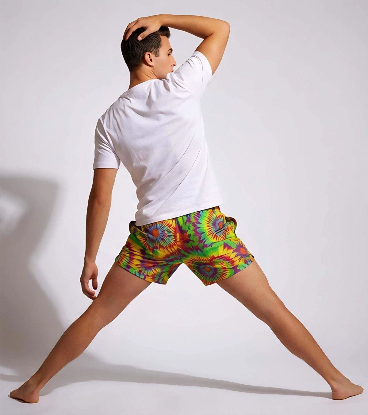 Neon Radial Burst Athletic Shorts - Vibrant Psychedelic Swim Trunks for Bikram Yoga & Rave Fitness by Aesthetic Rebellion