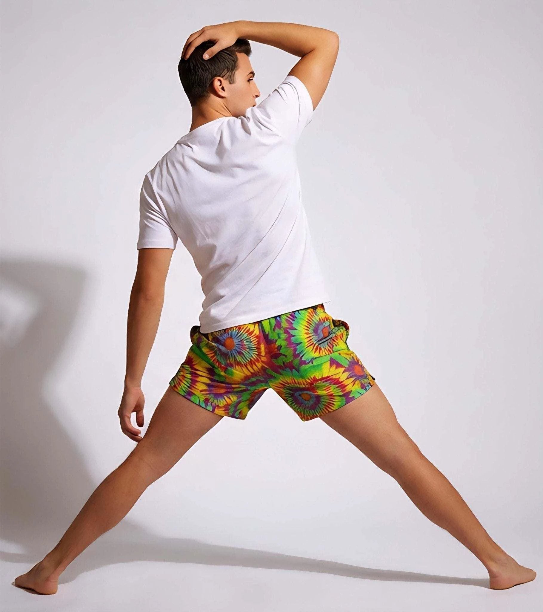 Neon Radial Burst Athletic Shorts - Vibrant Psychedelic Swim Trunks for Bikram Yoga & Rave Fitness by Aesthetic Rebellion