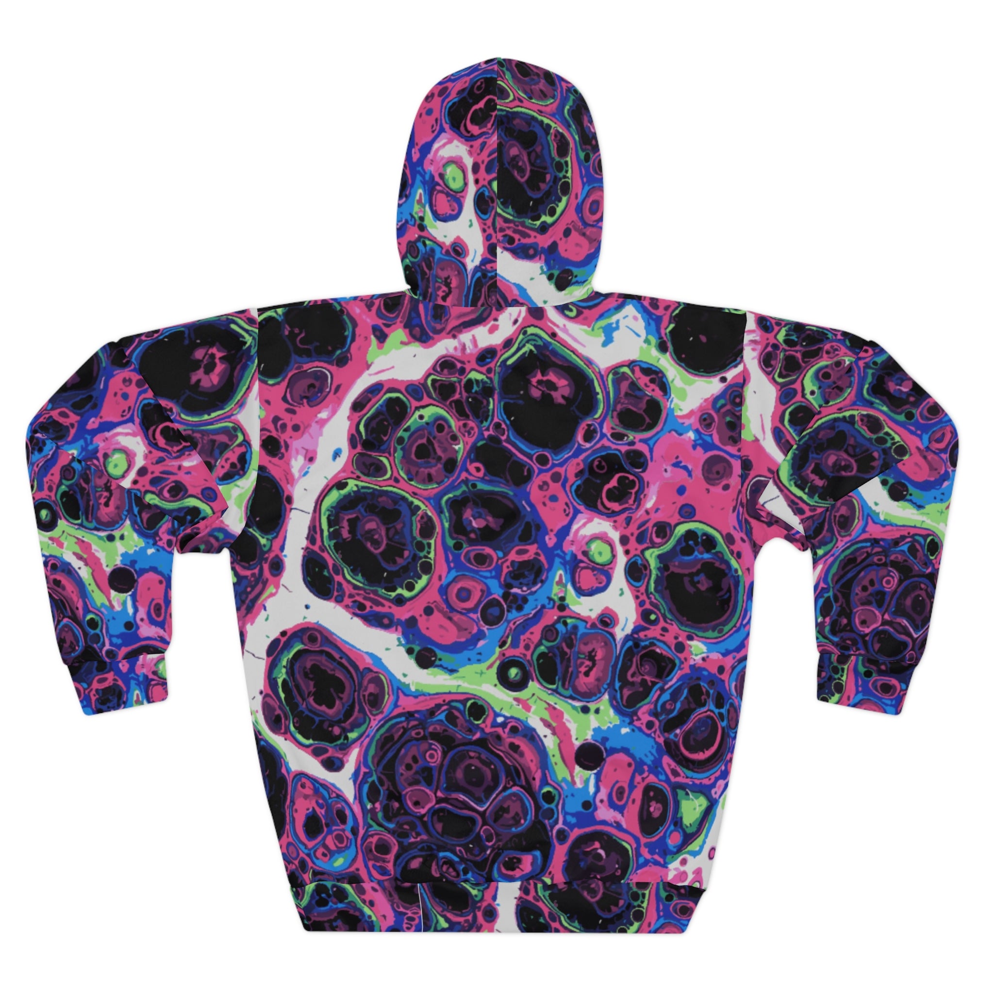 Liquid Psychedelic Neon Cellular AOP Hoodie by Dyles Mavis — Abstract Maximalist Motif Pullover, Electric Nightscape Print, Festival Indie Artist Streetwear Statement