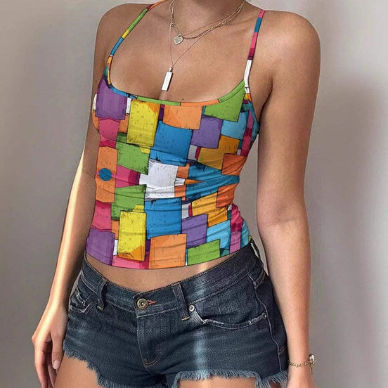 Geometric Color Block Tank Top - Modern Spaghetti Strap Vest by Aesthetic Rebellion