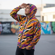 Crisp Burn painted strata zip hoodie in amber, magenta, mustard, cream, and electric blue painterly bands