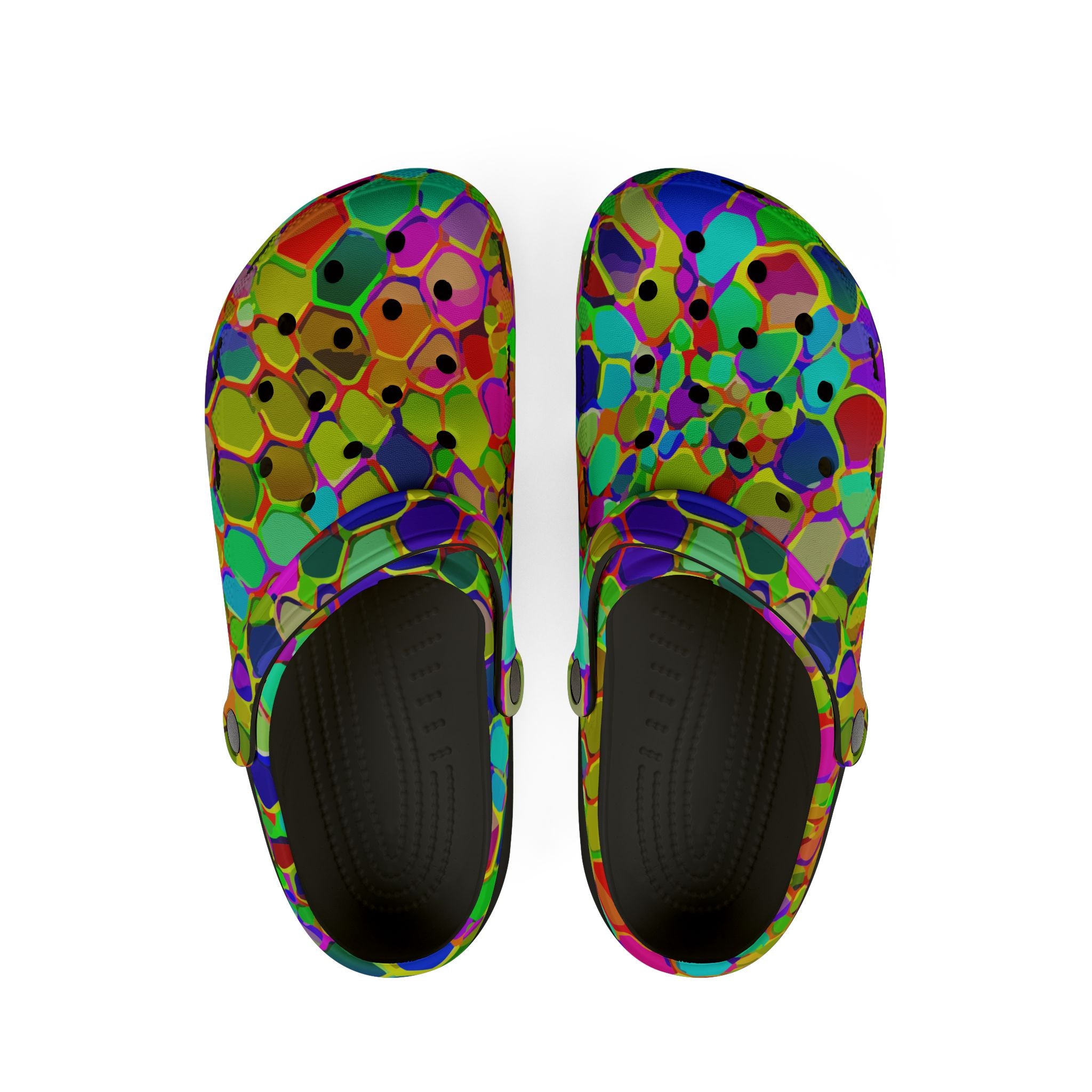 Colorful Mosaic EVA Clog Shoes for Playful Maximalists — Bold Tile-Print Foam Footwear, Anti-Slip Cushioned Sole, Festival Garden Errand Statement Clogs, Black or White Base
