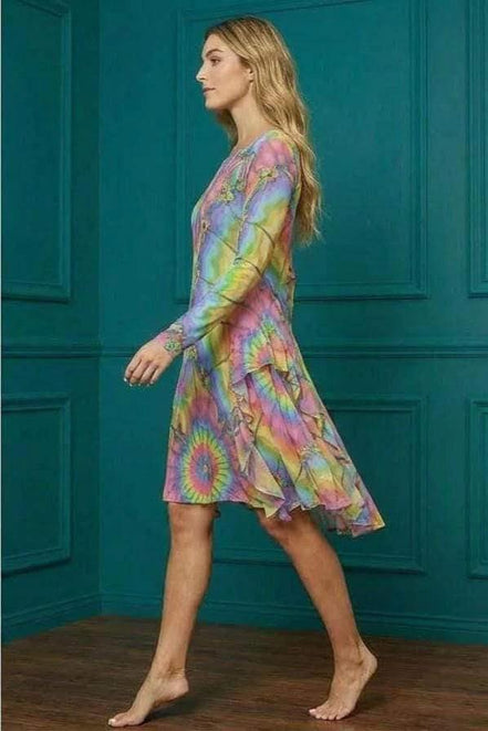 Tie-Dye Cotton Midi Dress - Radial Pastel Long Sleeve Boho Gown by Aesthetic Rebellion