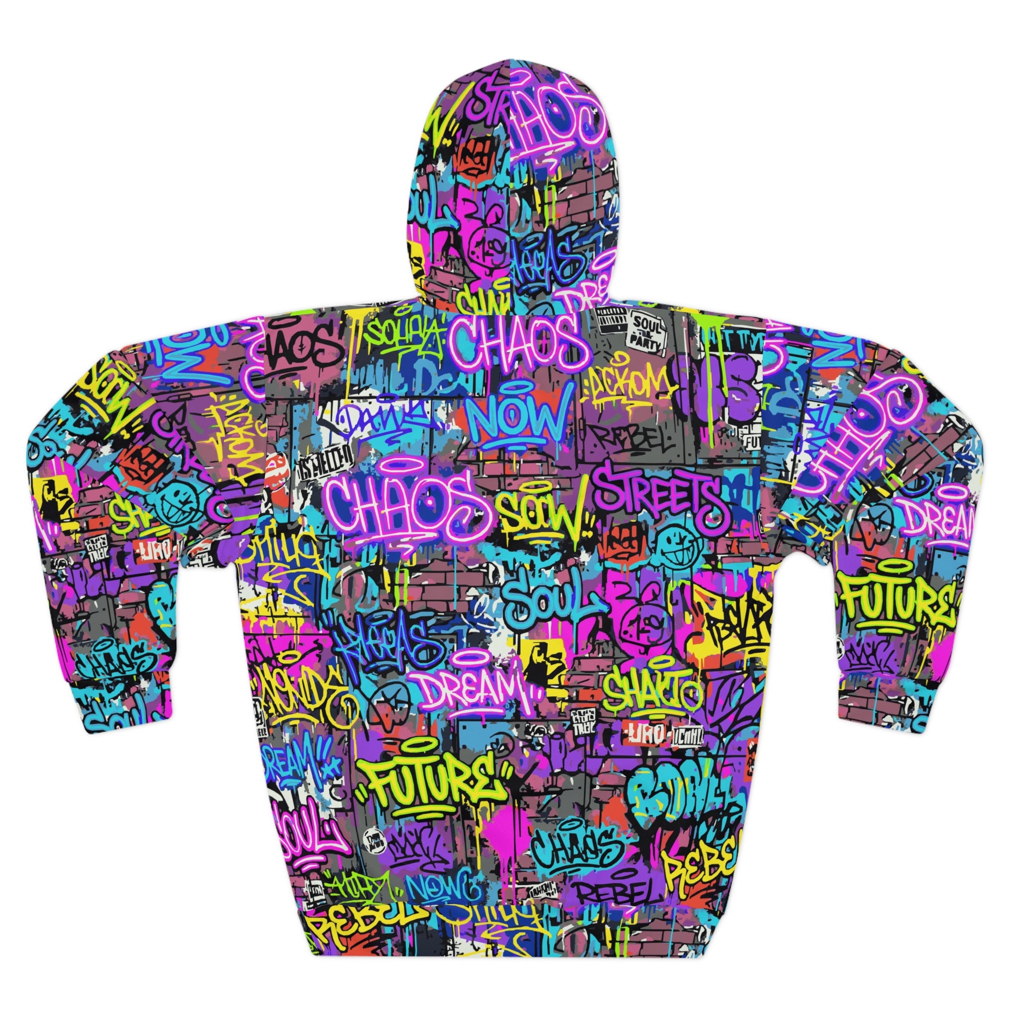 Men's All-Over Graffiti AOP Pullover Hoodie for Street Art Collectors — Bold Medium-Weight Comfort Fit, Assembled in USA, Festival Statement Sweatshirt