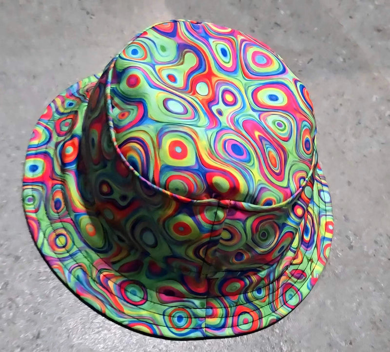 Alligator Bites Neon Bucket Hat for Psychedelic Ravers — Dubstep Alt Fashion Headwear, Neon Geometric AOP, Playa-Ready Festival Hat, Mind-Bending Rave Accessory, EDM Collector Piece