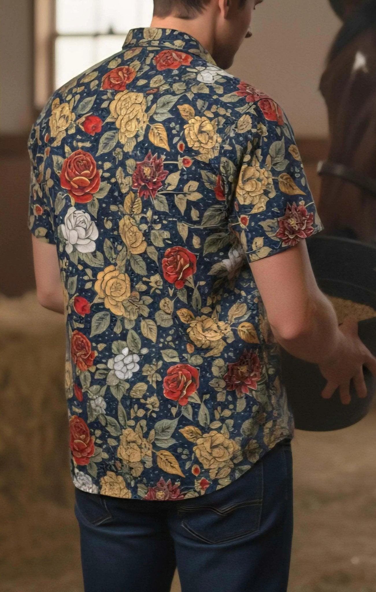 Space Cowboy Retro Polo Shirt - Western Roses & Celestial Night Sky All-Over Print Top by Aesthetic Rebellion