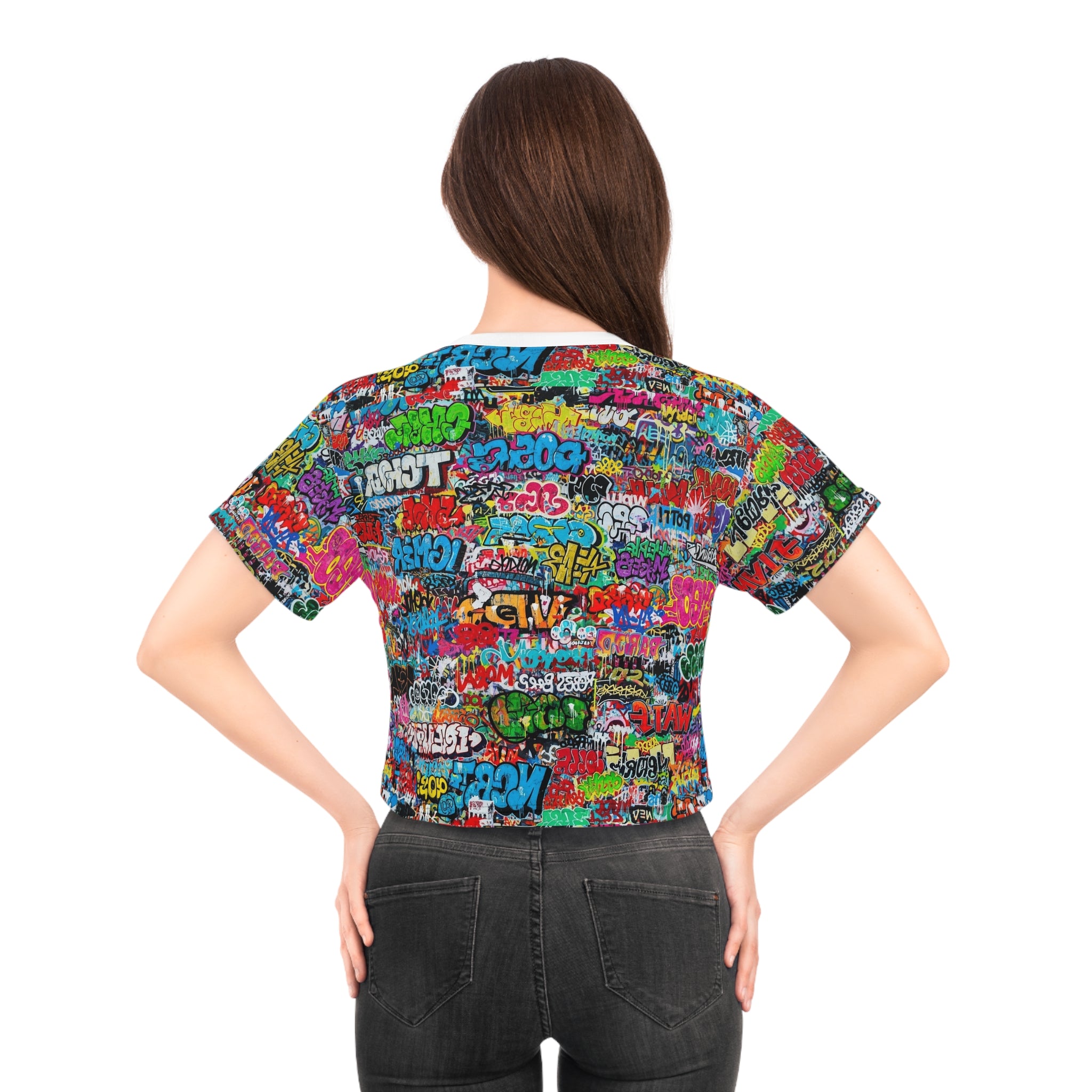 Graffiti Print Crop Tee for Colorful Urban Street Art Dressers — Bold AOP Hip-Hop Crop Top, Festival Party Summer Statement, Skater Youth Fashion Streetwear