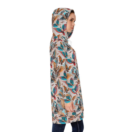 Aviary Bird Print Hoodie Dress for Nature-Forward Dressers — AOP Bird & Botanical Women's Hoodie Dress, Cottagecore Statement, Wearable Field Guide Art, Kangaroo Pocket, S–2XL