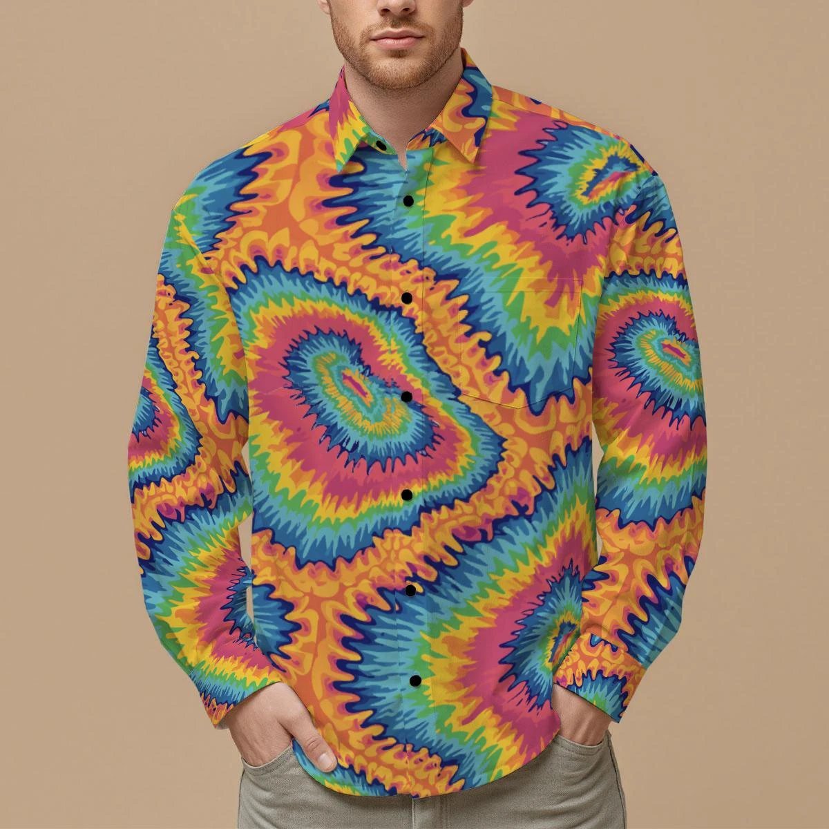 Psychedelic Rainbow Spiral Tie-Dye Shirt, Groovy Vibrant Button-Down - Aesthetic Rebellion