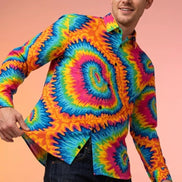 Psychedelic Rainbow Spiral Tie-Dye Shirt, Groovy Vibrant Button-Down - Aesthetic Rebellion