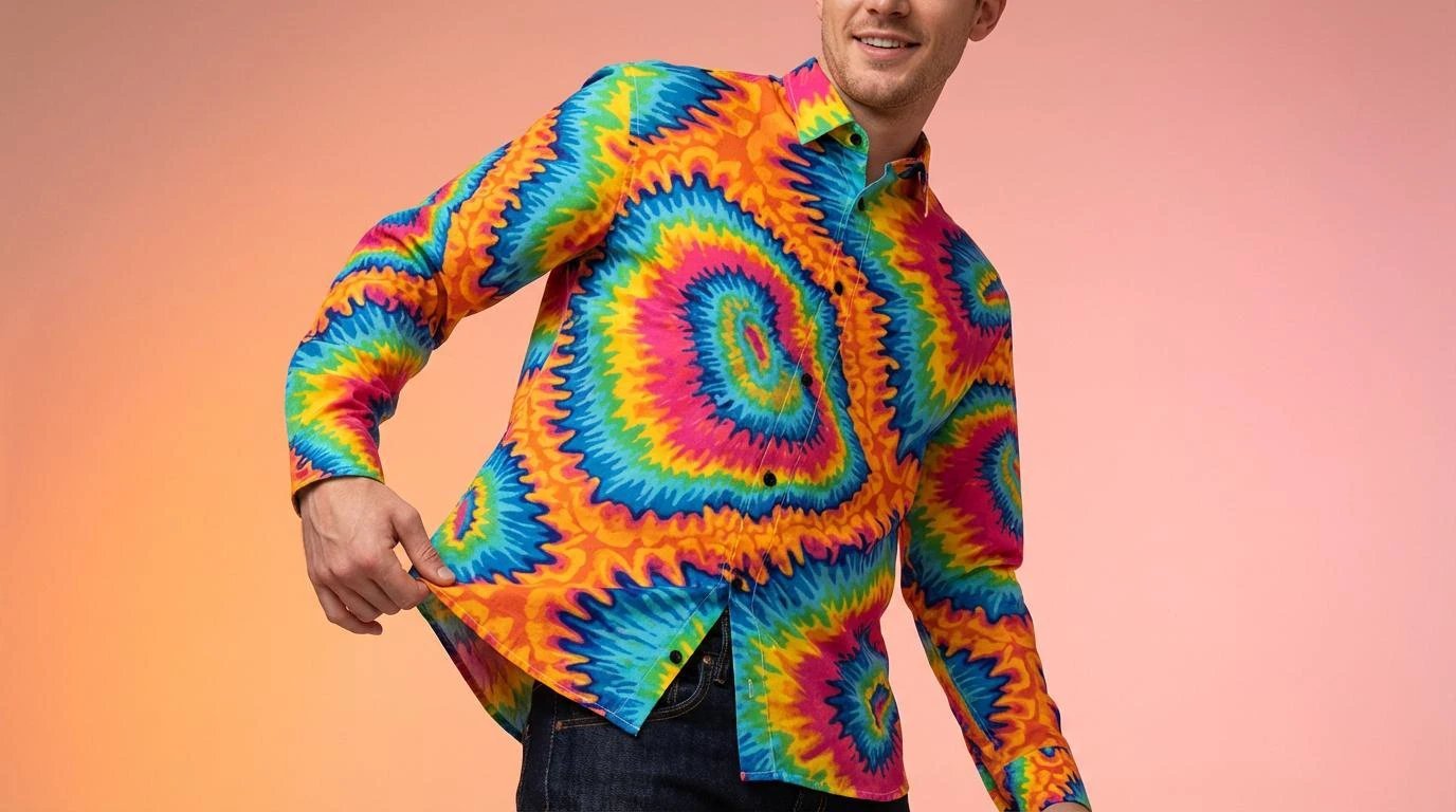 Psychedelic Rainbow Spiral Tie-Dye Shirt, Groovy Vibrant Button-Down - Aesthetic Rebellion