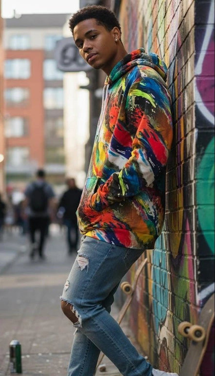 Person wearing a colorful hoodie leaning against a graffiti-covered wall on a street.