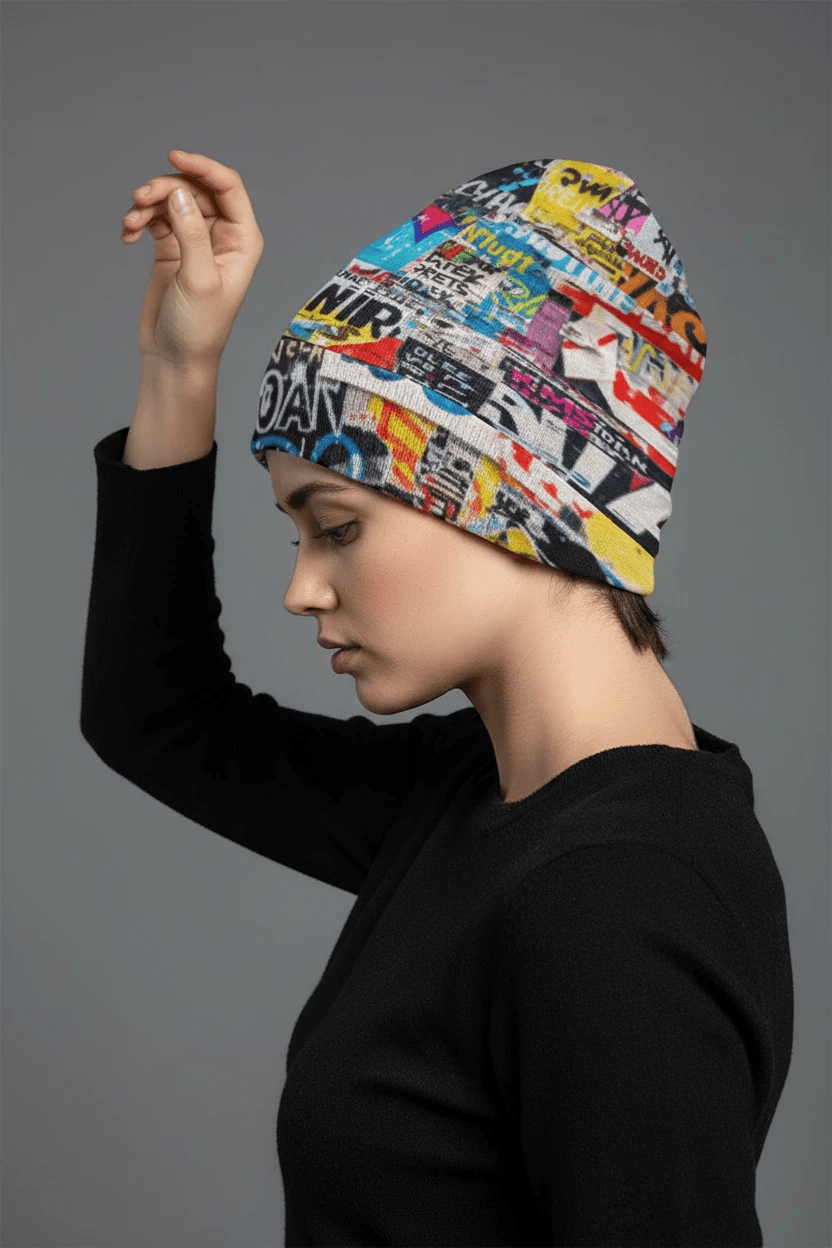 Street Swag All-Over Print Knit Beanie | Bold Abstract Art Streetwear Hat by Aesthetic Rebellion