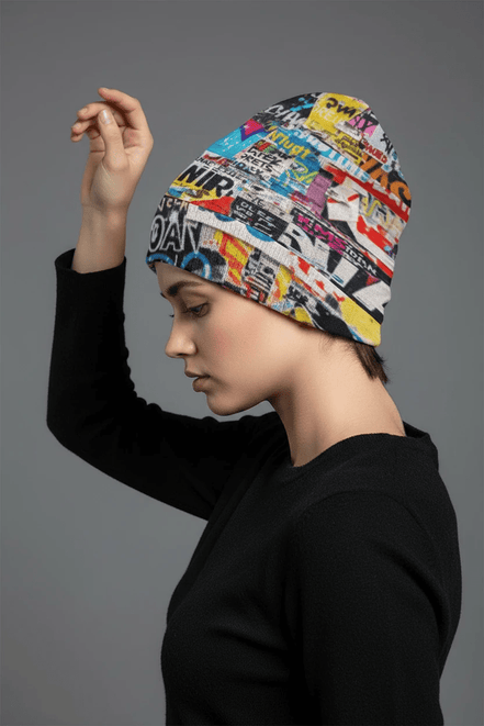 Street Swag All-Over Print Knit Beanie | Bold Abstract Art Streetwear Hat by Aesthetic Rebellion