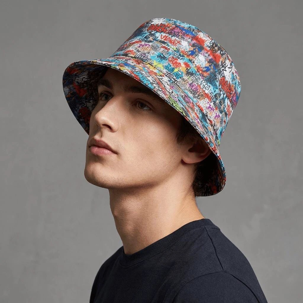 Graffiti Print Bucket Hat – Urban Festival Fashion by Aesthetic Rebellion