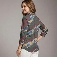 Modern Abstract Geometric Brushstroke Button-Up Blouse in Earthy Jewel Tones - Aesthetic Rebellion