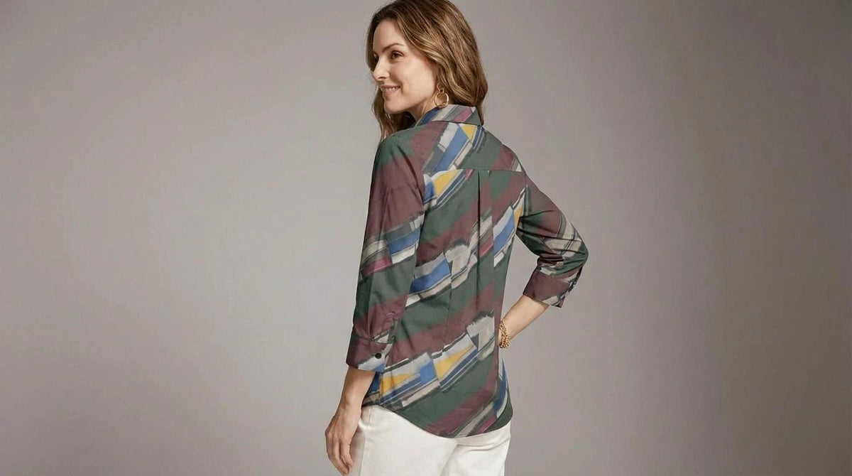 Modern Abstract Geometric Brushstroke Button-Up Blouse in Earthy Jewel Tones - Aesthetic Rebellion
