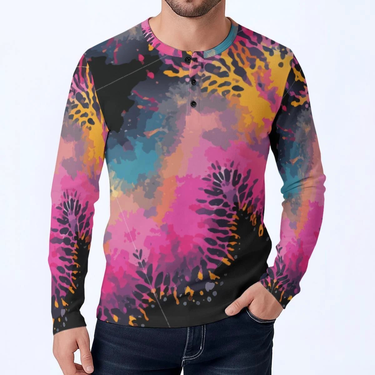 Men's Henley Shirt – Pink Black Liquid Grunge Art Long Sleeve Streetwear by Aesthetic Rebellion