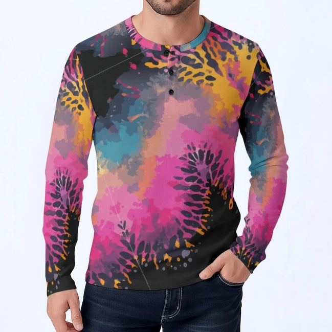 Men's Henley Shirt – Pink Black Liquid Grunge Art Long Sleeve Streetwear by Aesthetic Rebellion