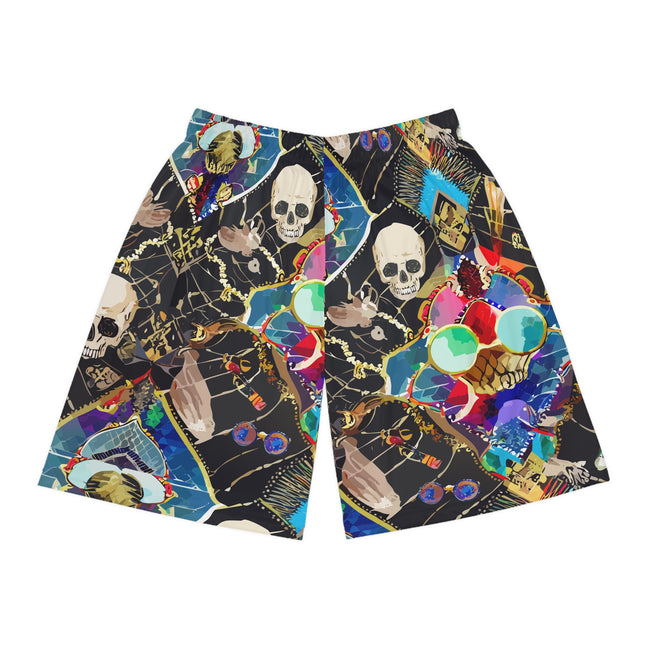 Neon Skeletal Mosaic AOP Shorts for Rave and Streetwear Collectors — Bold Retro Neon Athletic Basketball Shorts, Quick-Dry Festival Gym Activewear, Unisex Statement