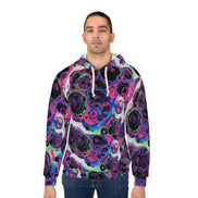 Liquid Psychedelic Neon Cellular AOP Hoodie by Dyles Mavis — Abstract Maximalist Motif Pullover, Electric Nightscape Print, Festival Indie Artist Streetwear Statement
