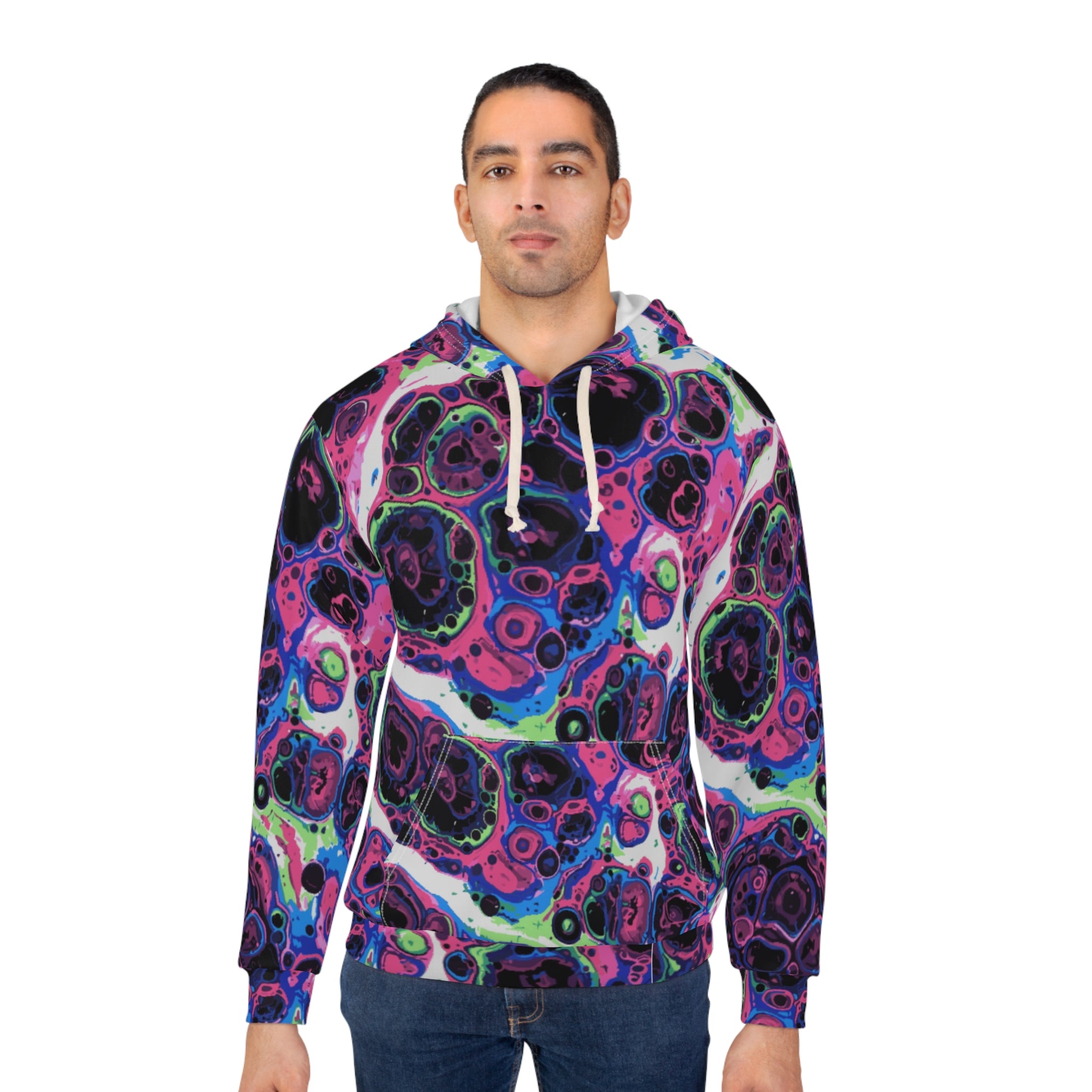 Liquid Psychedelic Neon Cellular AOP Hoodie by Dyles Mavis — Abstract Maximalist Motif Pullover, Electric Nightscape Print, Festival Indie Artist Streetwear Statement